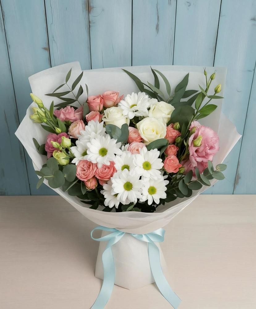 Букет цветов из: Розы, Лизиантусы и Хризантемы в Тасеево