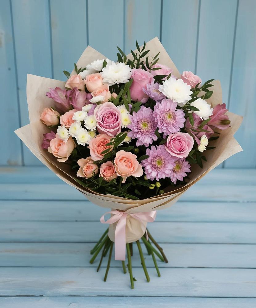 Букет цветов из: Хризантемы, Розы и Альстромерии в Тасеево