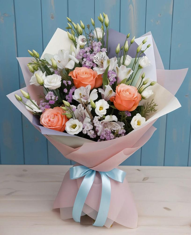 Букет цветов из: Лизиантусы, Розы, Альстромерии и Гипсофила в Тасеево