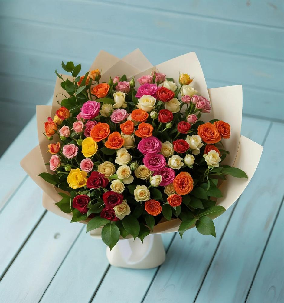 Букет Микс из разноцветных кустовых роз в Тасеево
