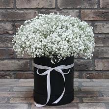Цветочная композиция из Гипсофила в шляпной коробке в Тасеево