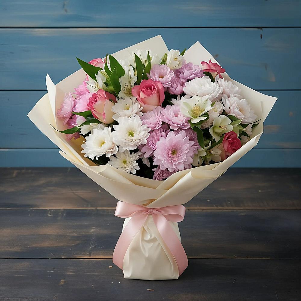 Букет цветов из: Хризантемы, Альстромерии и Розы в Тасеево